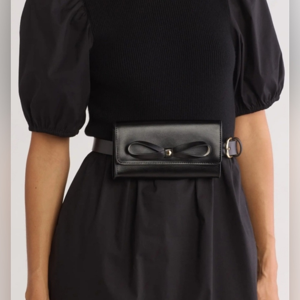Kate Spade Black Bow Belt Bag Adjustable Leather L/XL NWT